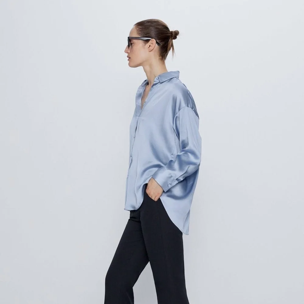🆕️Zara Satin Sky Blue Button-Up Blouse SZ Large - Picture 12 of 12
